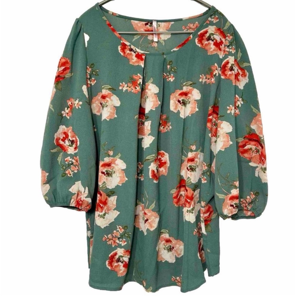 Cool Melon Green Pink & Red Floral Pleated Three-Quarter Puff Sleeve Blouse, 1x - Picture 1 of 7